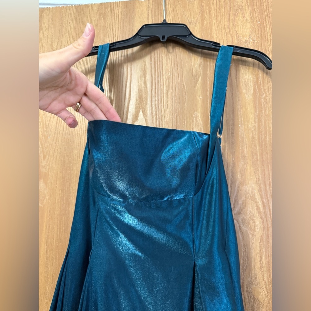 Lulus Aura Shiny Dark Teal Taffeta Maxi Dress With Pockets size medium - Picture 6 of 15